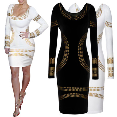 Celebrity Kim Egypt Gold Foil Print Long Sleeve Bodycon Dress
